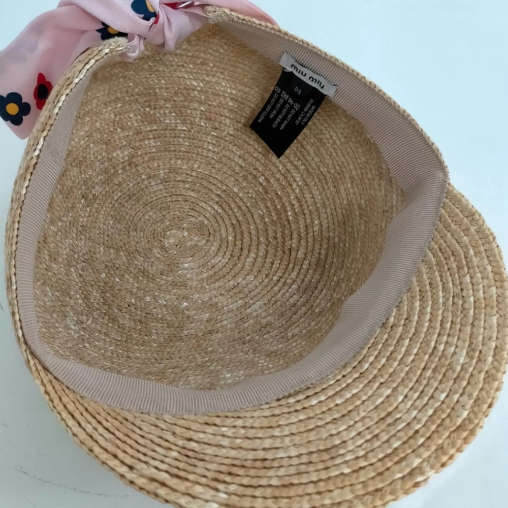 Miu Miu Straw Silk Beige Hat Ribbon Flower Pattern Cap - Picture 5 of 9